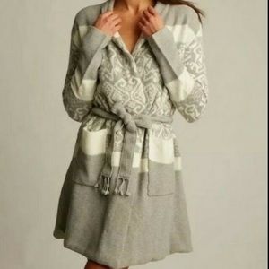 Lemon Womens Long Gray/White Tunic sweater Sz S/M Open Front Lined, Pockets NWT